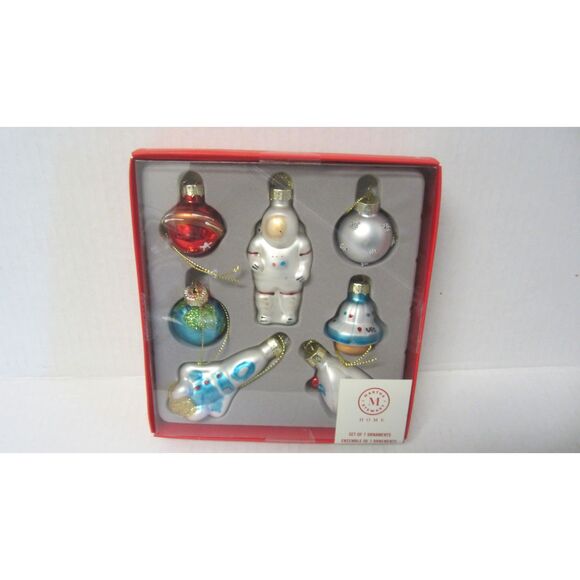 NEW IN BOX MARTHA STEWART HOME SET OF 7 SPACE GLASS  CHRISTMAS ORNAMENTS - Picture 1 of 4